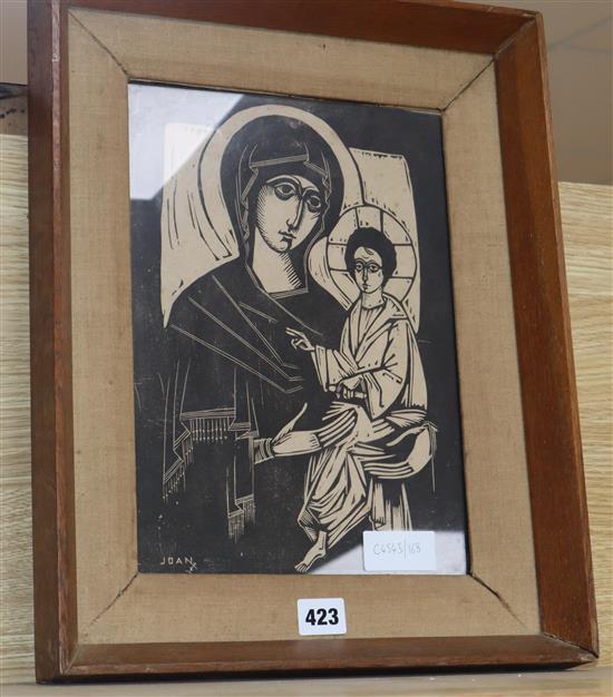 Joan Collette, woodblock print, Madonna and Christ, 31 x 22.5cm